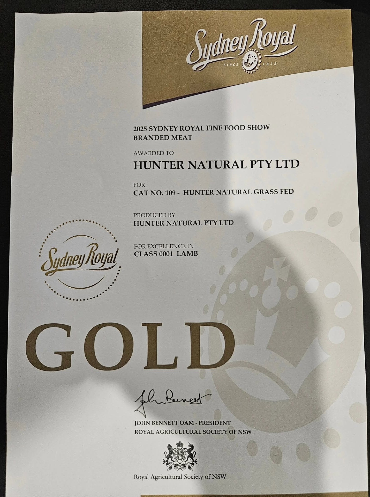 Sydney Royal 2025 Gold award certificate — Hunter Natural grass-fed lamb, Class 0001