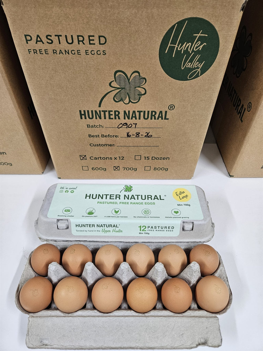 Pastured Eggs - Hunter Natural-Hunter Natural pastured free range eggs carton in front of branded shipping boxes